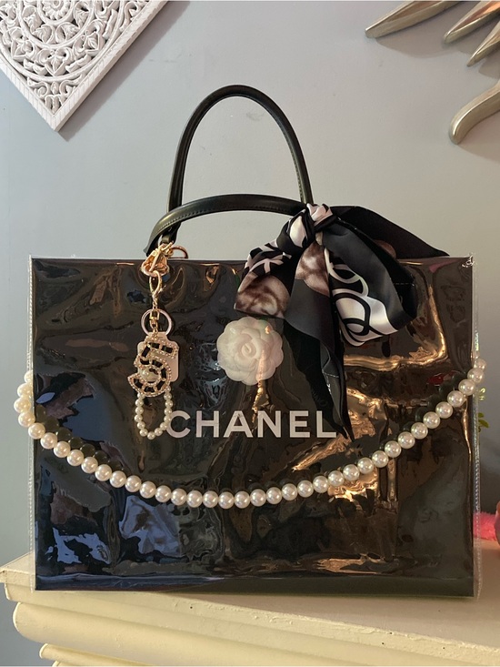 CHANEL Handbags - CHANEL Black Patent PVC Shopping Bag with Pearl Handle Accent large tote